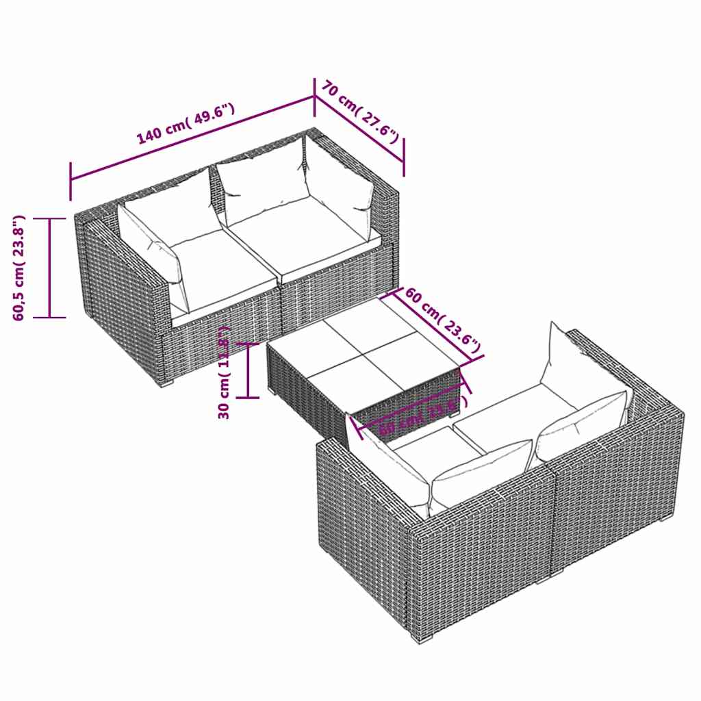 vidaXL 5-delige Loungeset met kussens poly rattan bruin