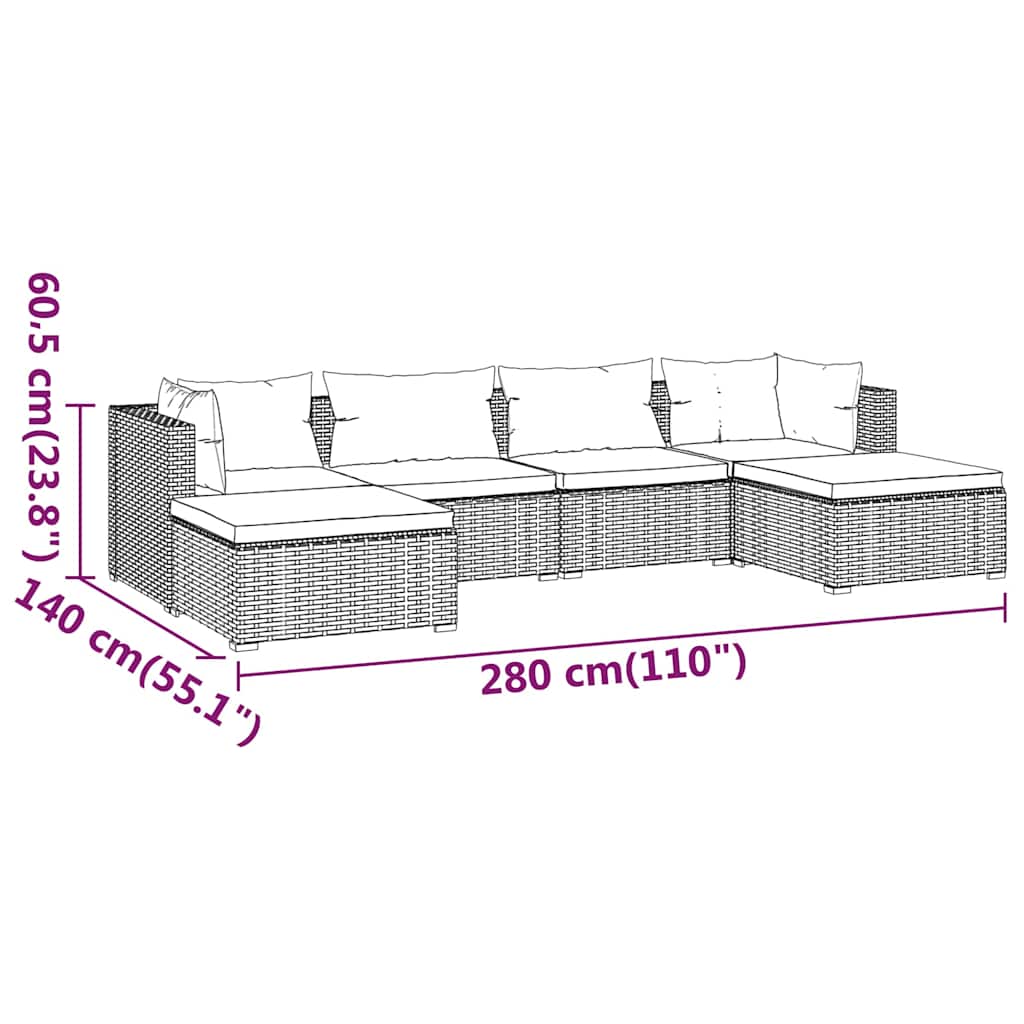 vidaXL 6-delige Loungeset met kussens poly rattan zwart