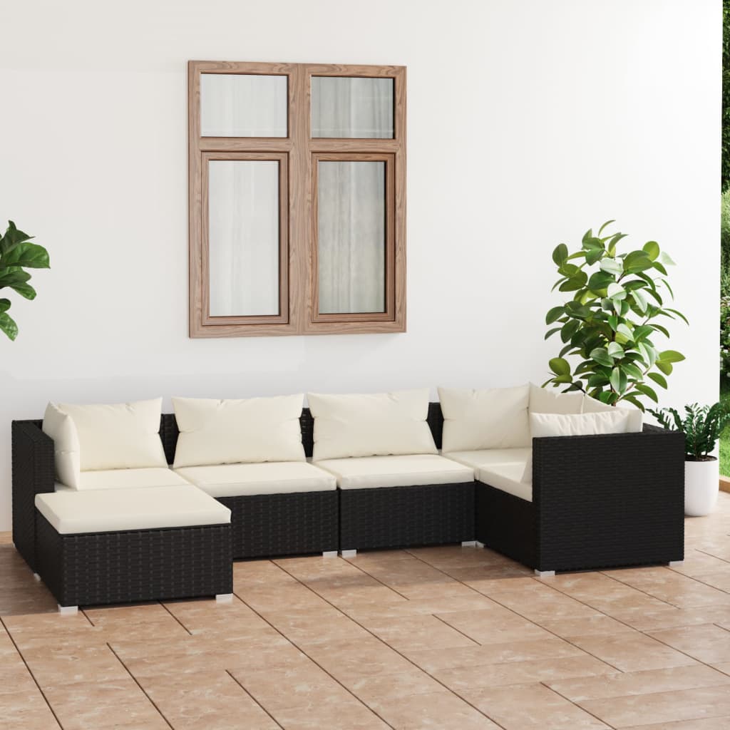 vidaXL 6-delige Loungeset met kussens poly rattan zwart