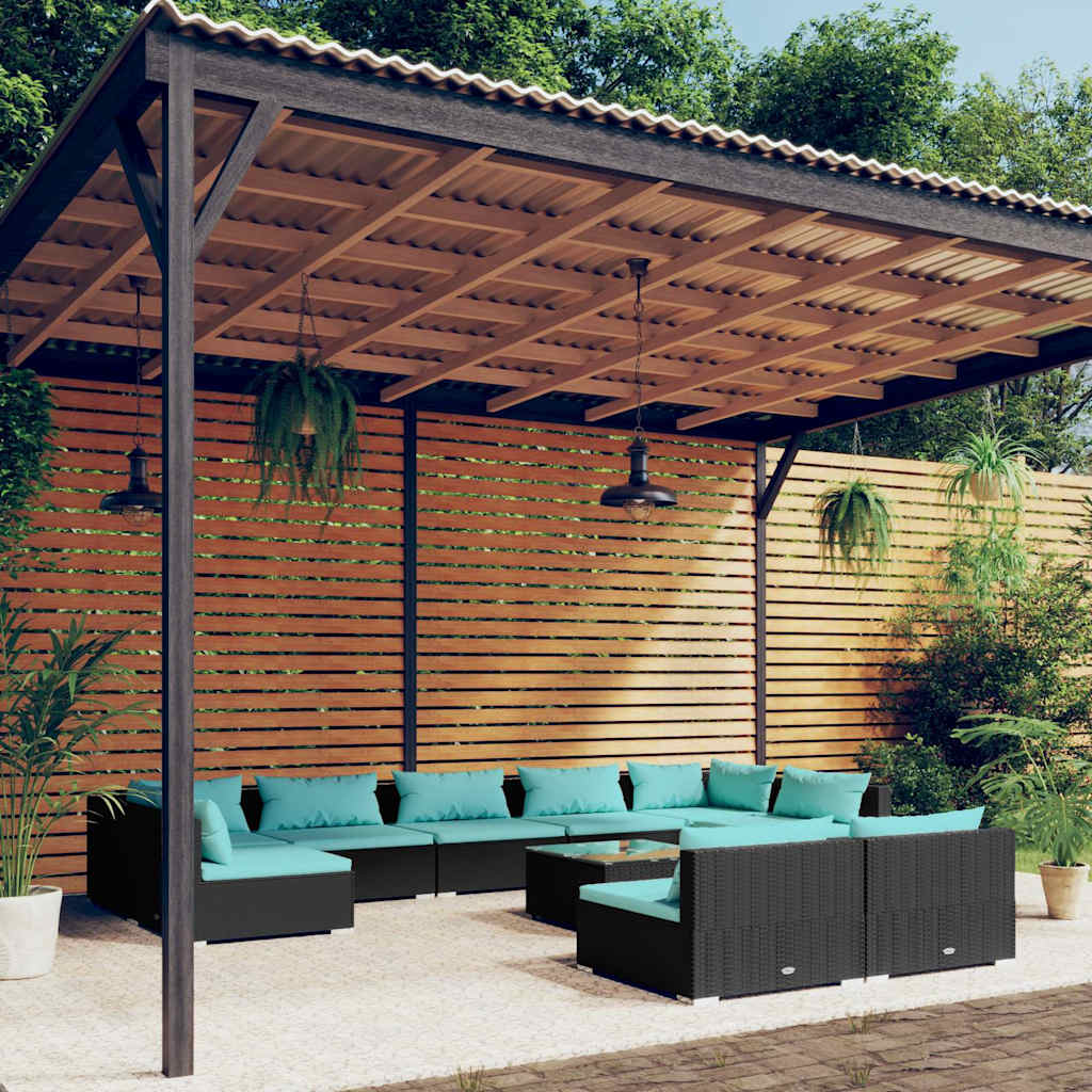vidaXL 9-delige Loungeset met kussens poly rattan zwart