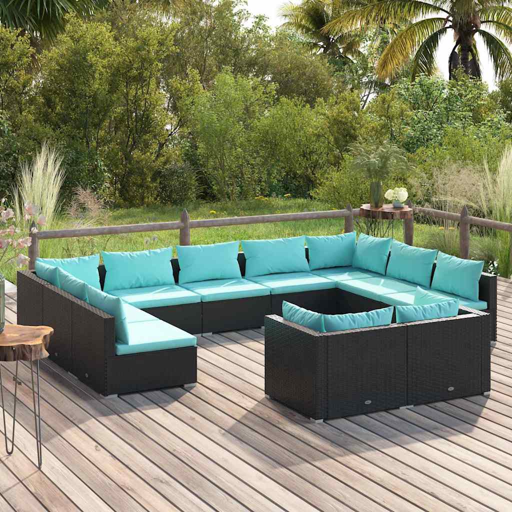 vidaXL 9-delige Loungeset met kussens poly rattan zwart
