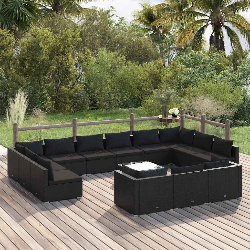 vidaXL 9-delige Loungeset met kussens poly rattan zwart