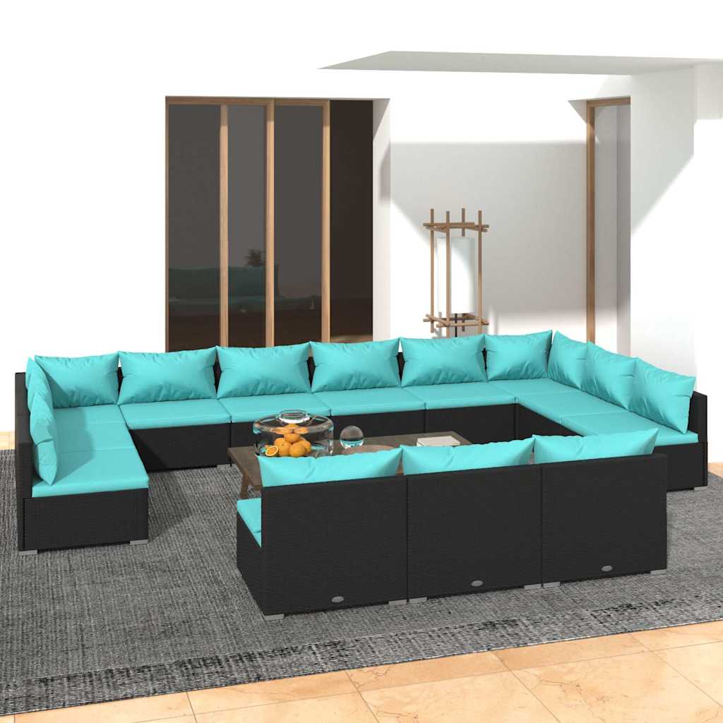 vidaXL 9-delige Loungeset met kussens poly rattan zwart