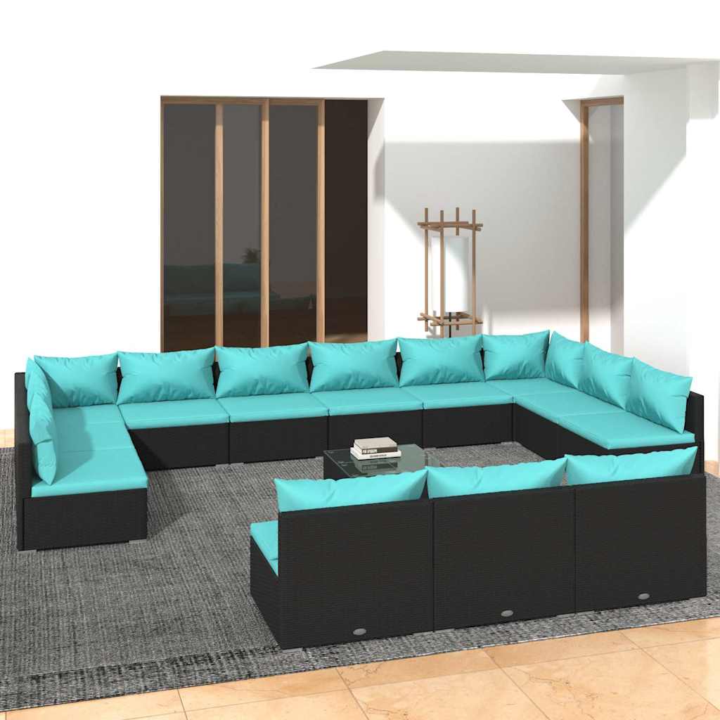 vidaXL 9-delige Loungeset met kussens poly rattan zwart
