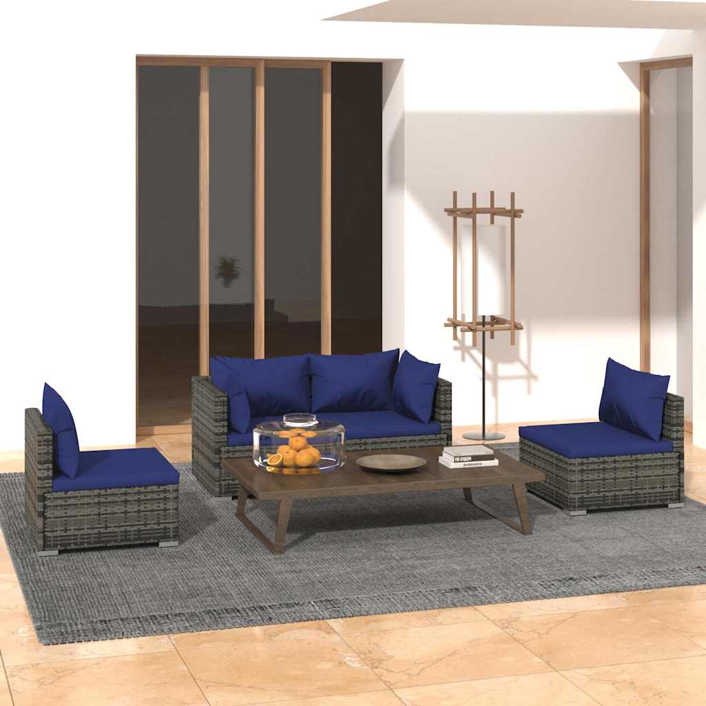 vidaXL 4-delige Loungeset met kussens poly rattan zwart