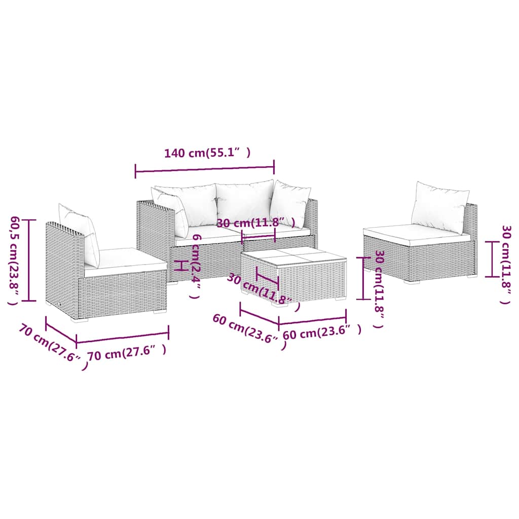 vidaXL 4-delige Loungeset met kussens poly rattan zwart