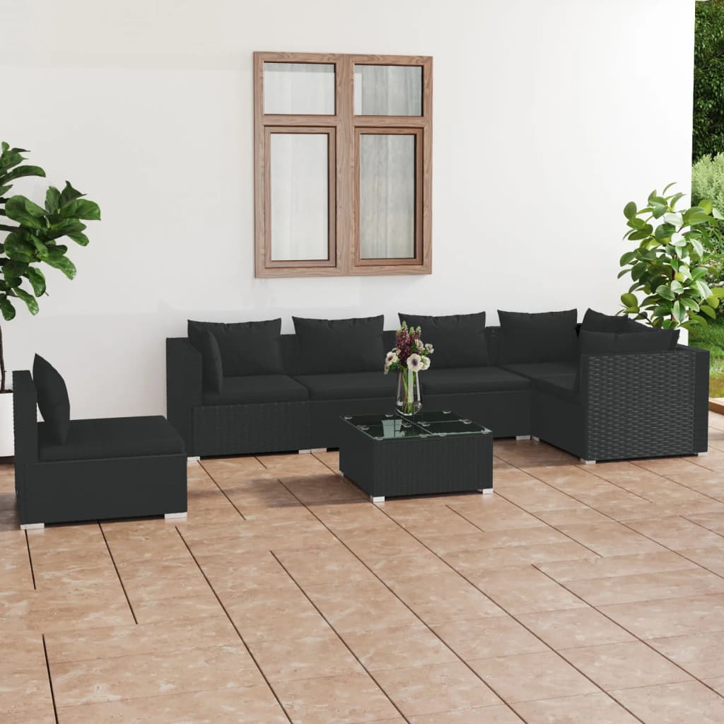 vidaXL Ensemble de salon 5 personnes avec coussins en poly rotin noir