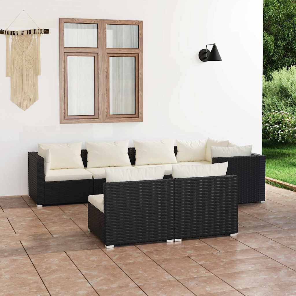 vidaXL 7-delige Loungeset met kussens poly rattan zwart