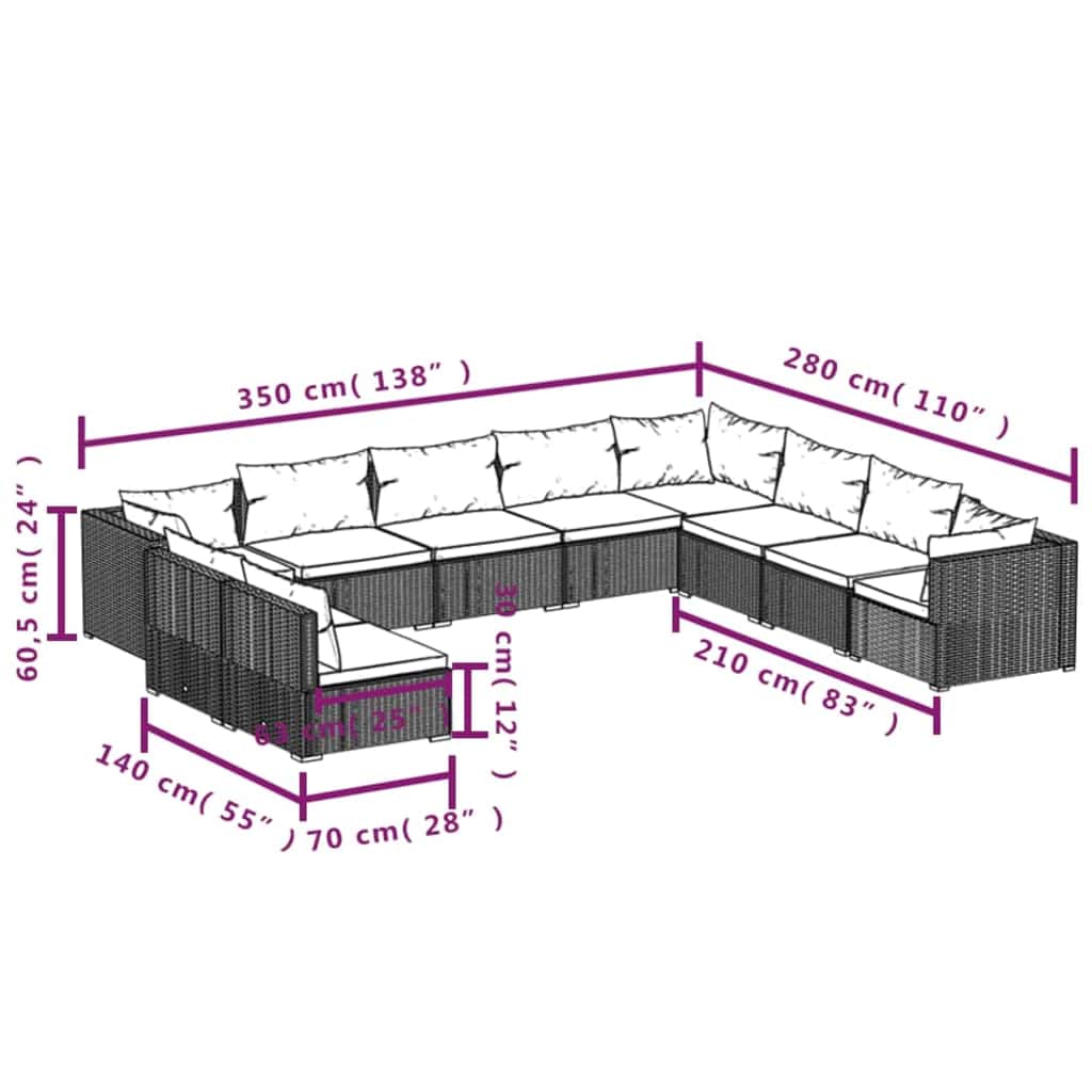 vidaXL 7-delige Loungeset met kussens poly rattan zwart