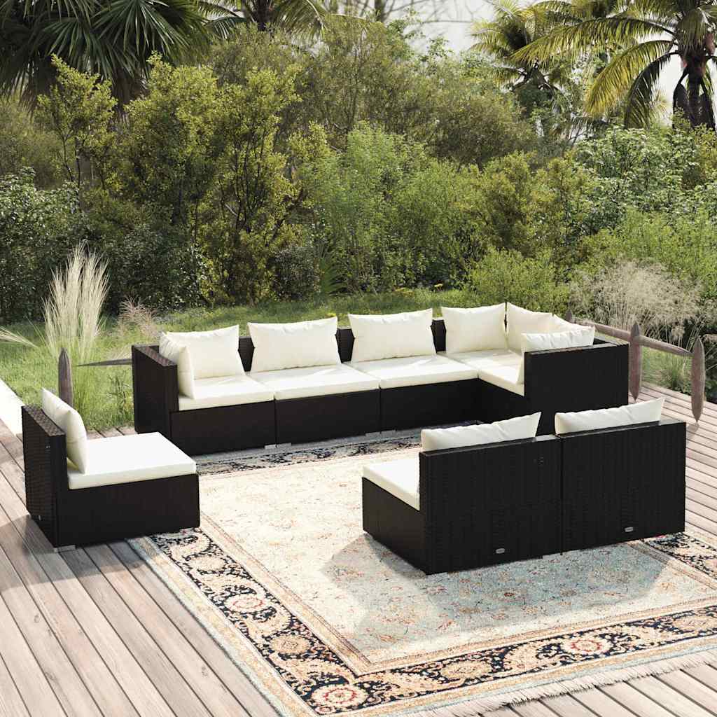 vidaXL 8-delige Loungeset met kussens poly rattan zwart