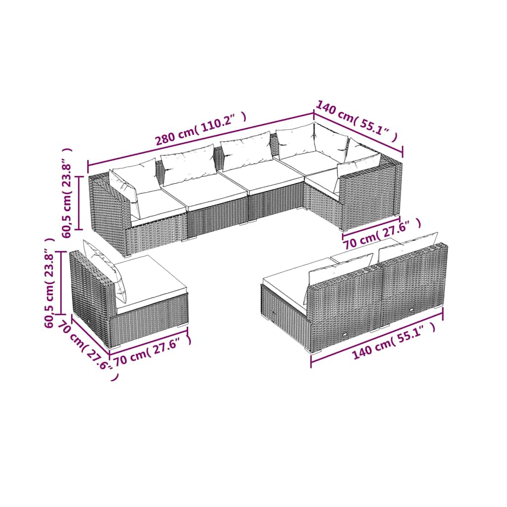 vidaXL 8-delige Loungeset met kussens poly rattan zwart