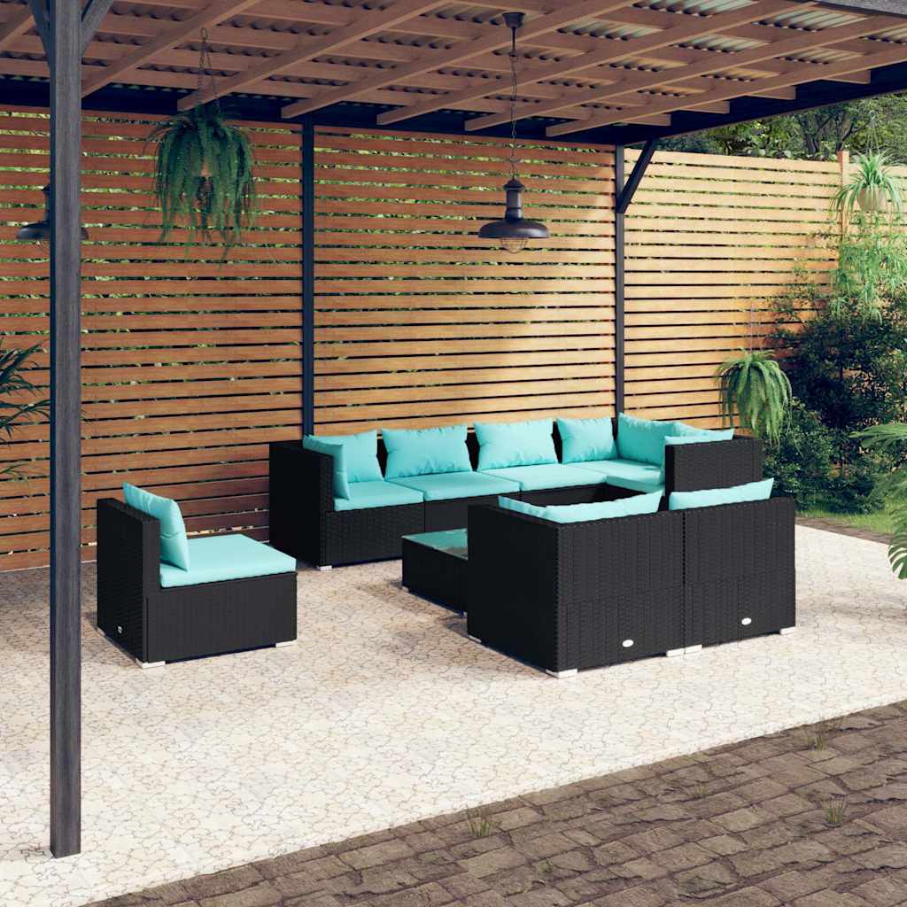 vidaXL 8-delige Loungeset met kussens poly rattan zwart