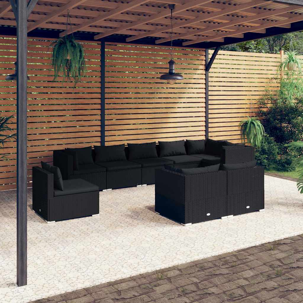 vidaXL 8-delige Loungeset met kussens poly rattan zwart