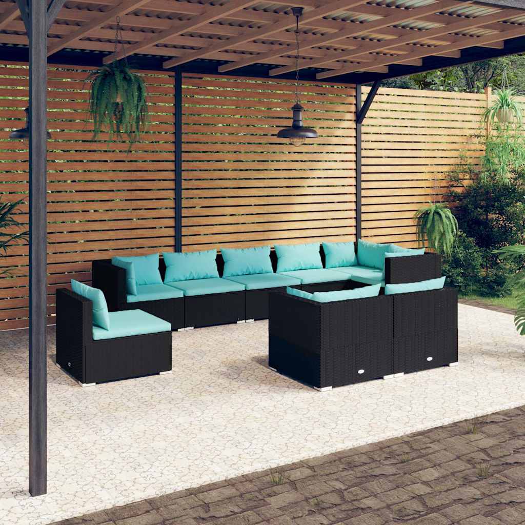 vidaXL 8-delige Loungeset met kussens poly rattan zwart