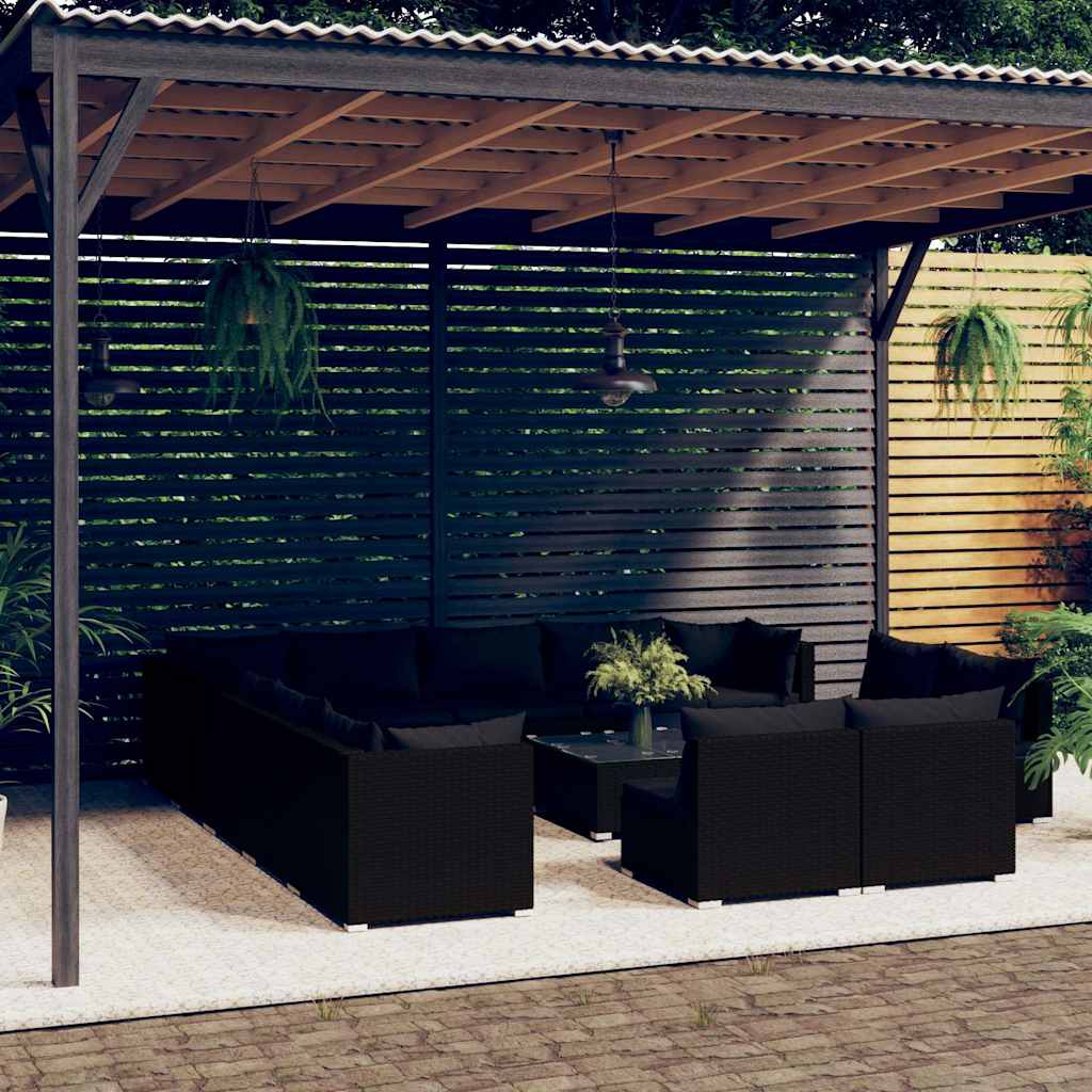 vidaXL 11-delige Loungeset met kussens poly rattan zwart
