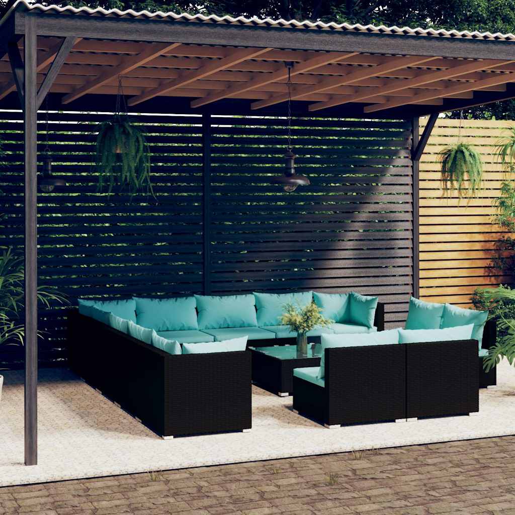 vidaXL 11-delige Loungeset met kussens poly rattan zwart