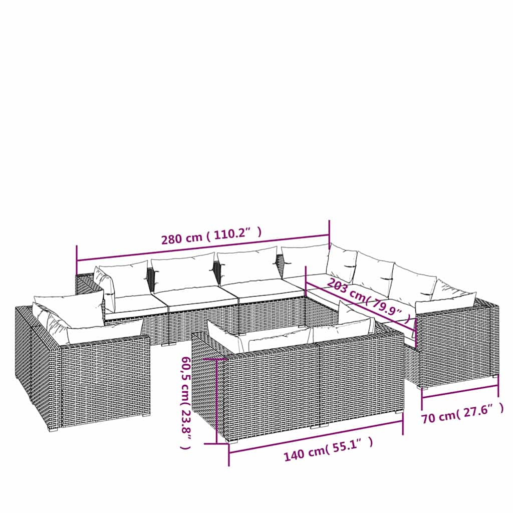 vidaXL 11-delige Loungeset met kussens poly rattan zwart