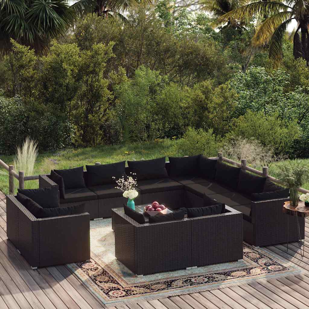 vidaXL 11-delige Loungeset met kussens poly rattan zwart