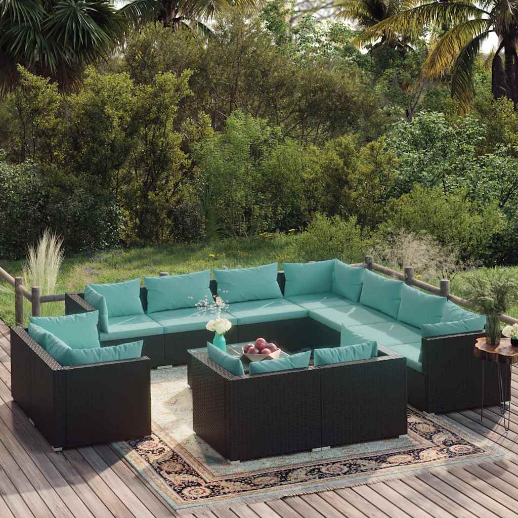 vidaXL 11-delige Loungeset met kussens poly rattan zwart