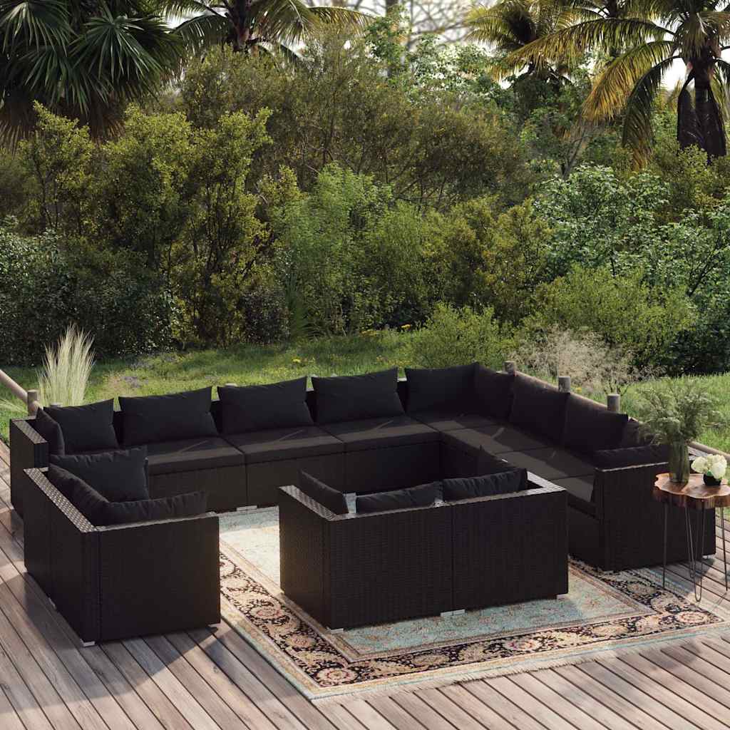 vidaXL 11-delige Loungeset met kussens poly rattan zwart