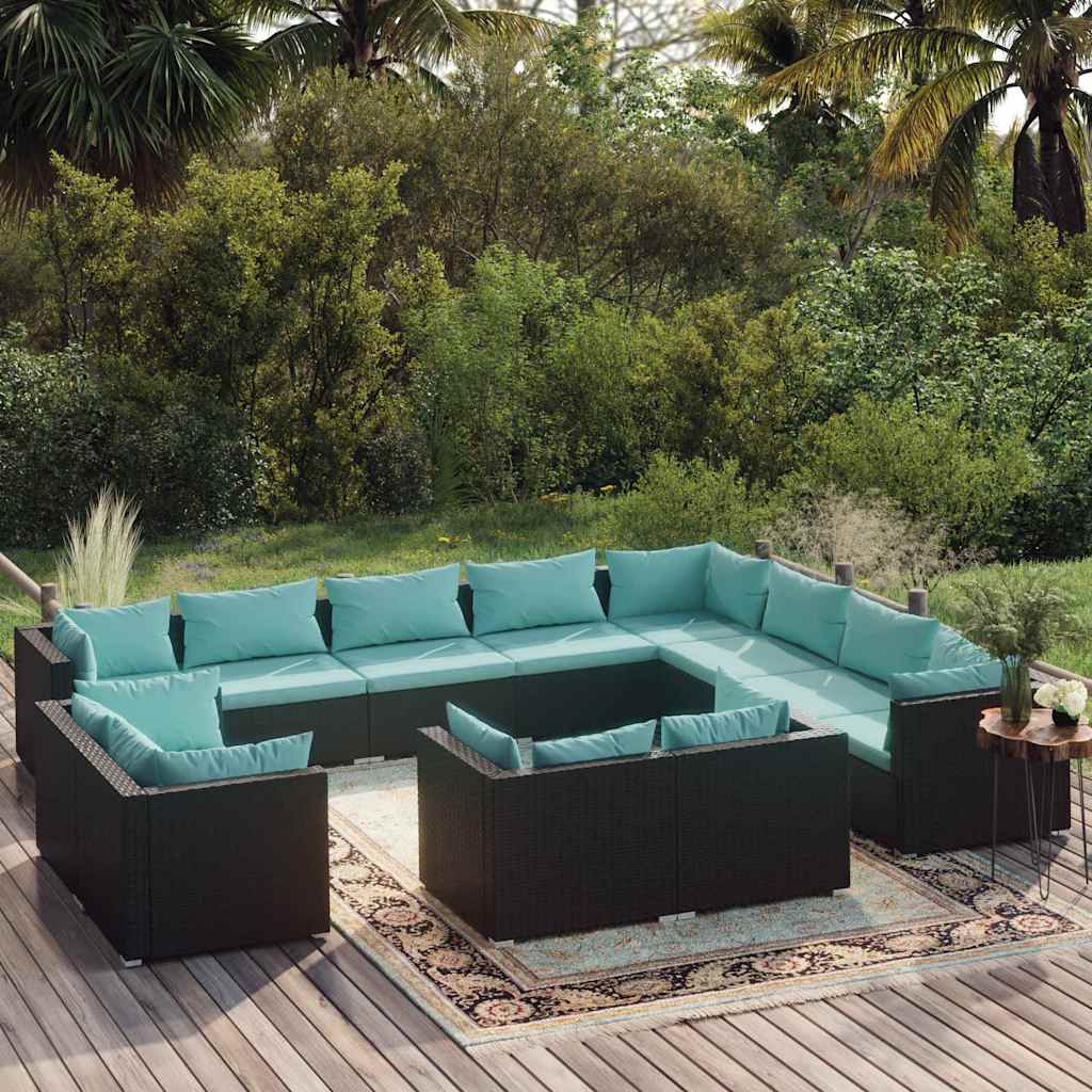 vidaXL 11-delige Loungeset met kussens poly rattan zwart