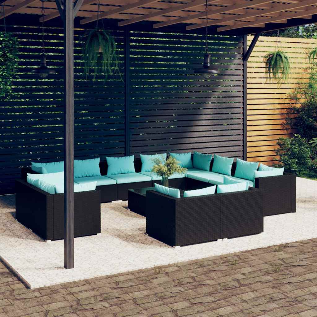 vidaXL 11-delige Loungeset met kussens poly rattan zwart