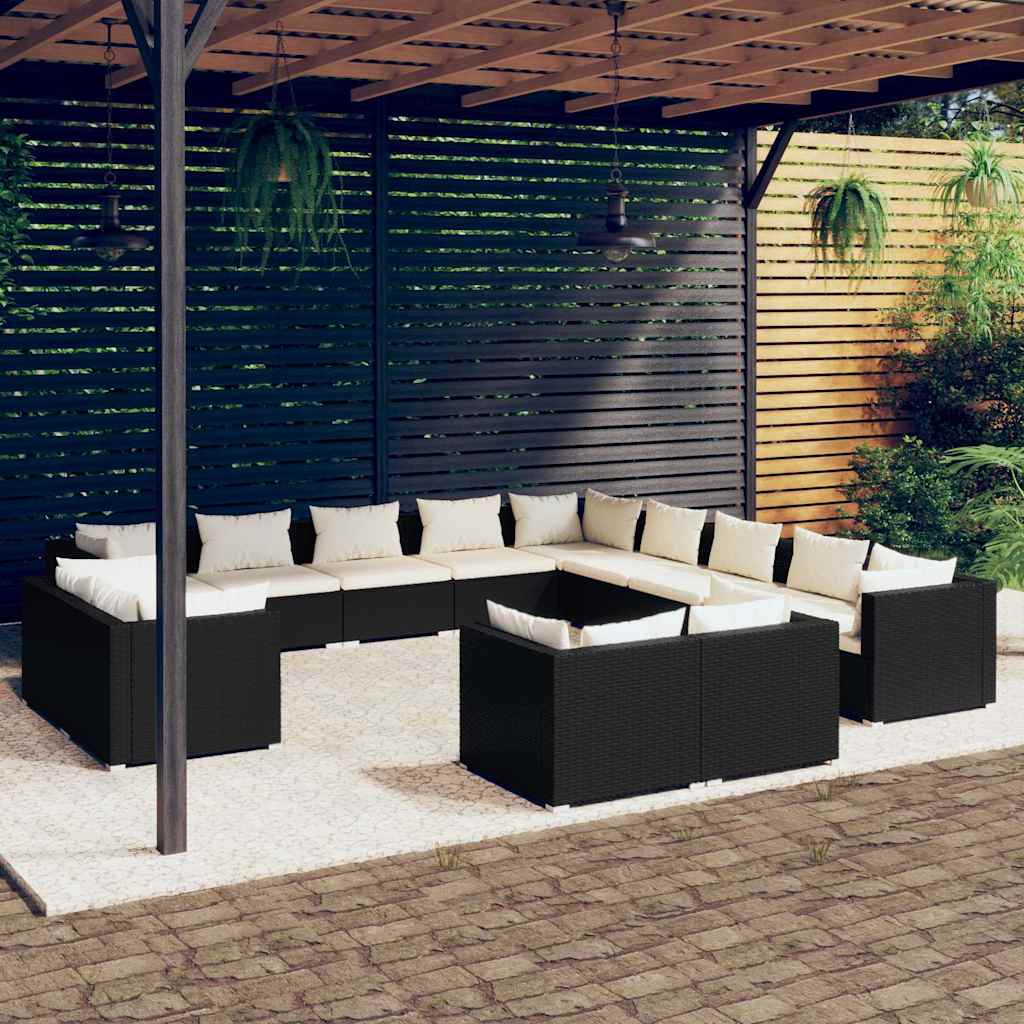vidaXL 11-delige Loungeset met kussens poly rattan zwart