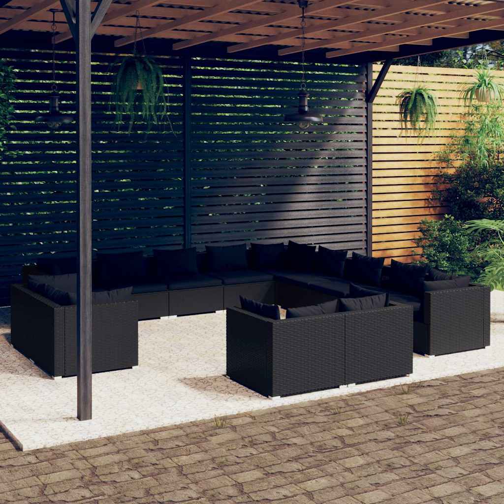 vidaXL 11-delige Loungeset met kussens poly rattan zwart