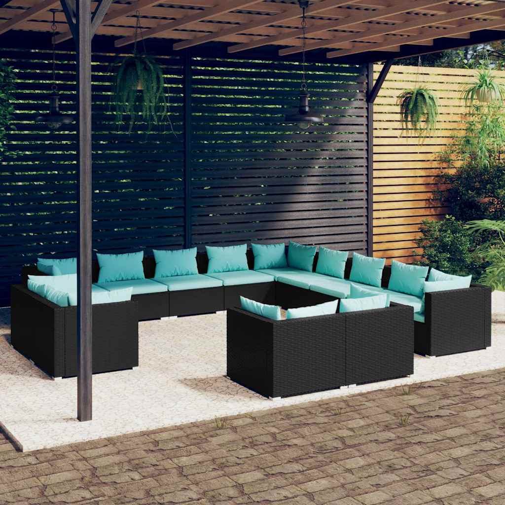 vidaXL 11-delige Loungeset met kussens poly rattan zwart