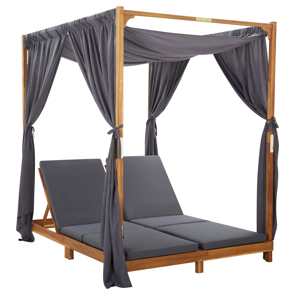 vidaXL Double Sun Lounger with Curtains and Cushions Solid Acacia Wood