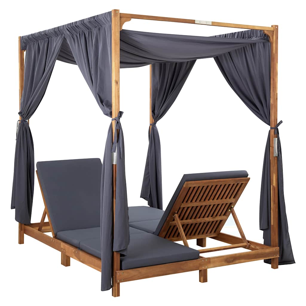 vidaXL Double Sun Lounger with Curtains and Cushions Solid Acacia Wood