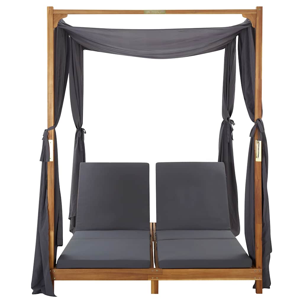 vidaXL Double Sun Lounger with Curtains and Cushions Solid Acacia Wood