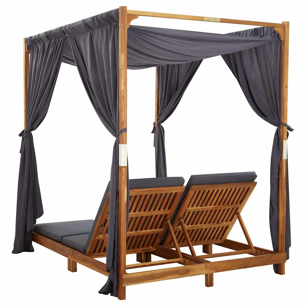 vidaXL Double Sun Lounger with Curtains and Cushions Solid Acacia Wood