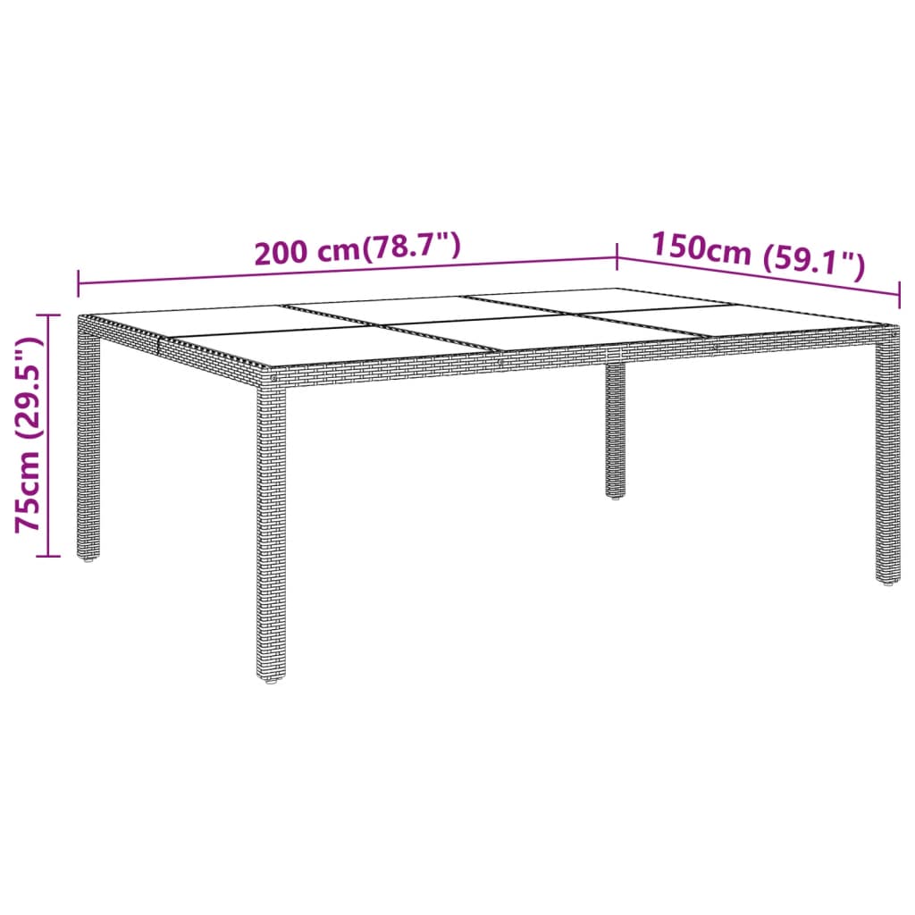 vidaXL Tuintafel 200x150x75 cm gehard glas en poly rattan grijs