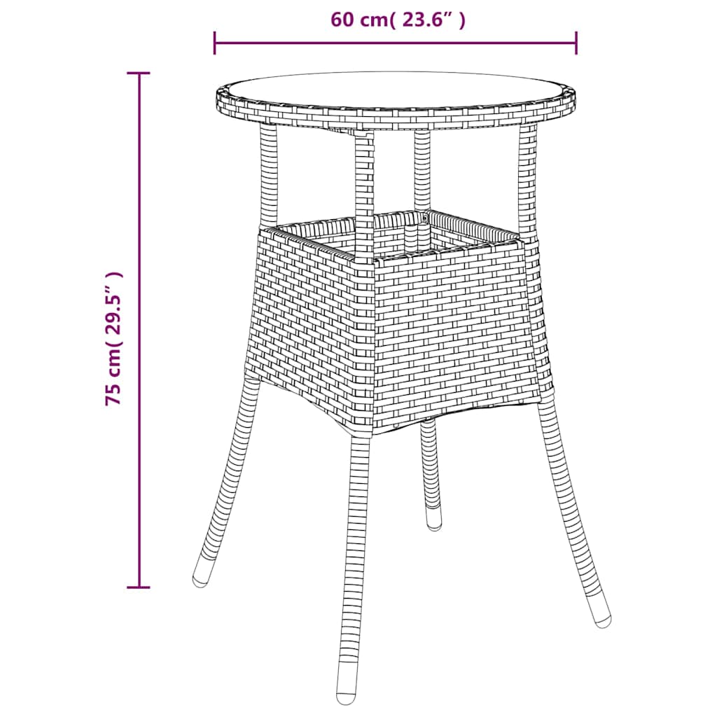 vidaXL Garden Table Ø60x75 cm Tempered Glass and Poly Rattan Black