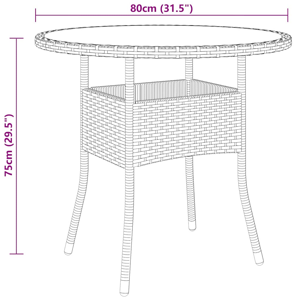 vidaXL Garden Table Ø80x75 cm Tempered Glass and Poly Rattan Black