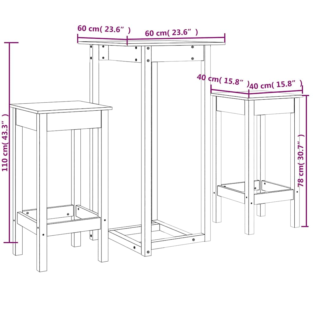 vidaXL 3-delige Barset massief grenenhout