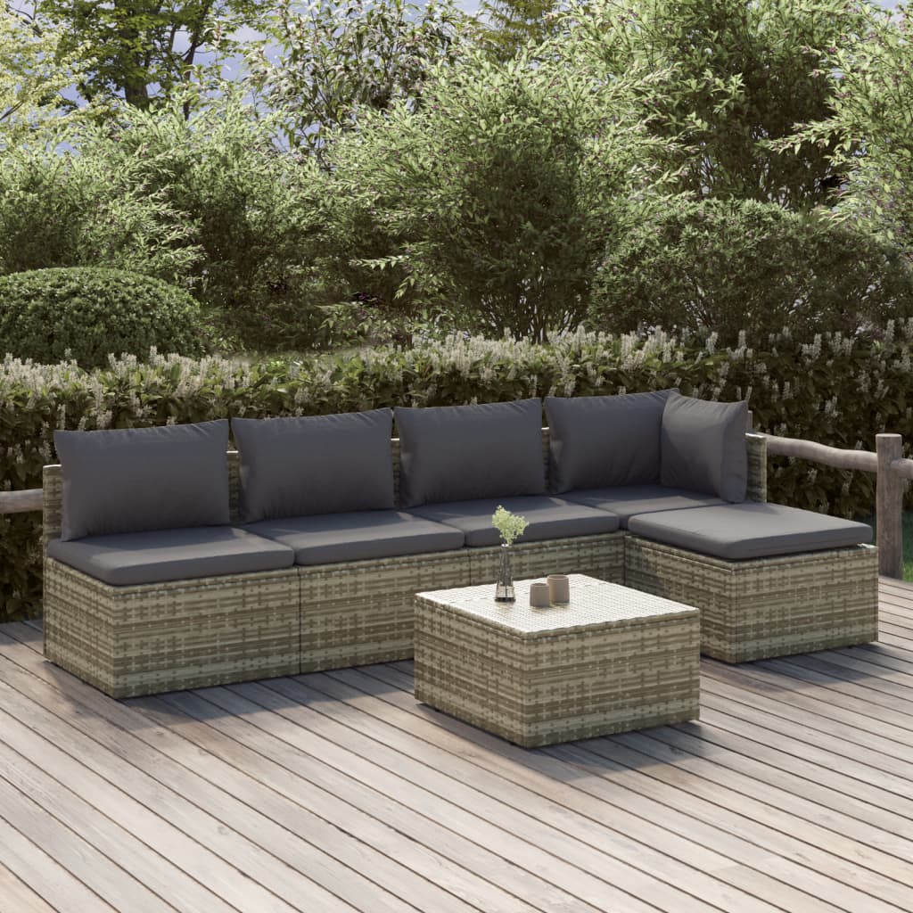 vidaXL 6-delige Loungeset met kussens poly rattan grijs