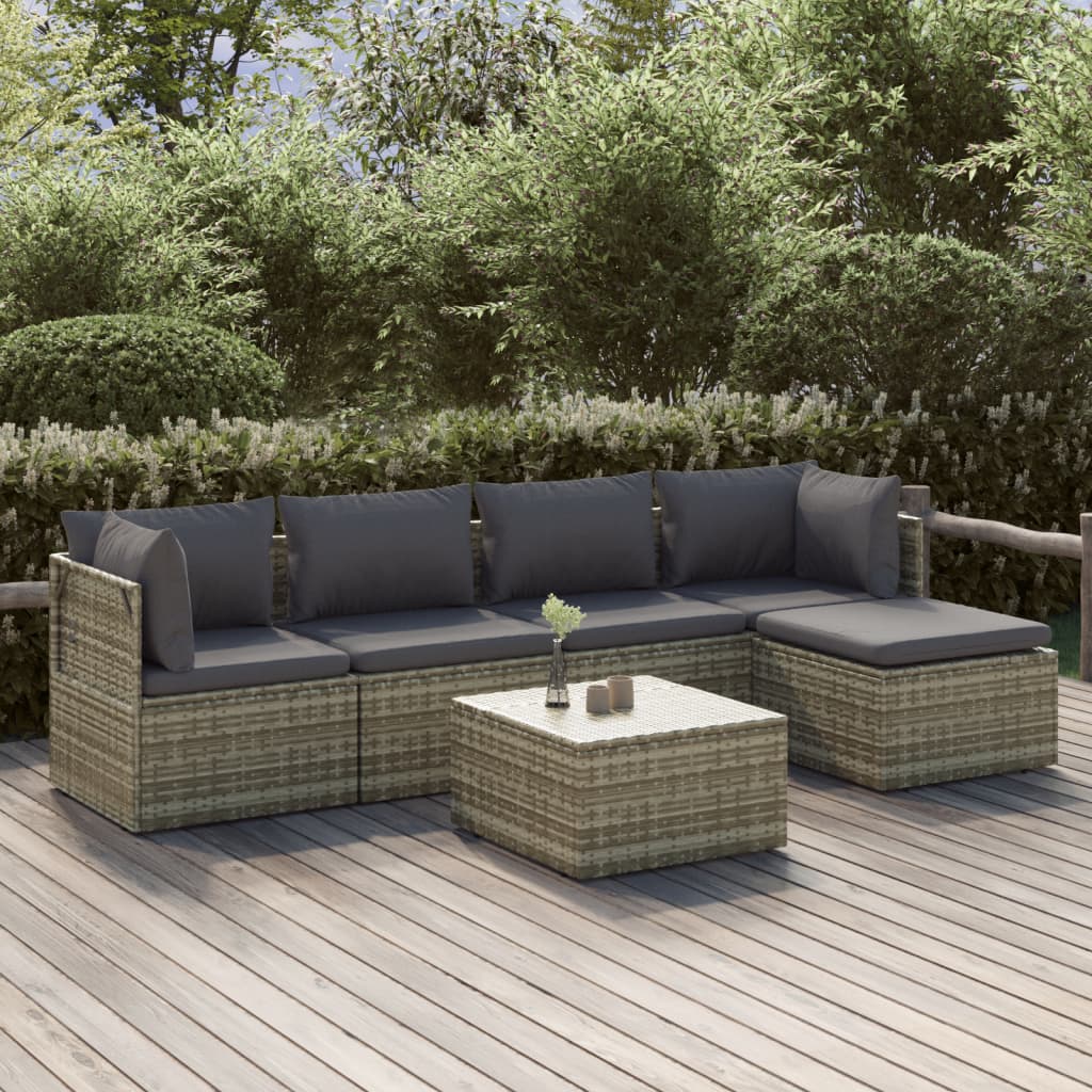 vidaXL 6-delige Loungeset met kussens poly rattan grijs