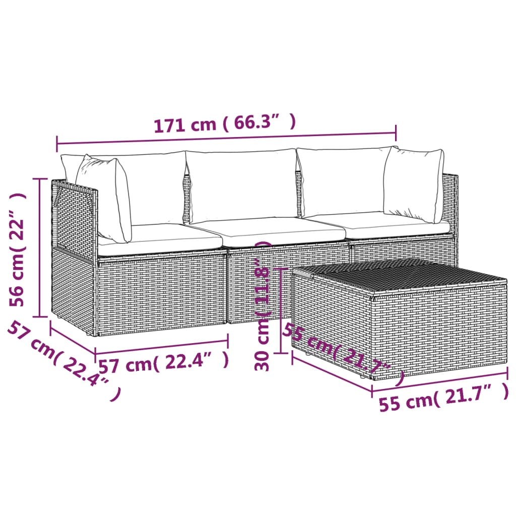 vidaXL 4-delige Loungeset met kussens poly rattan grijs