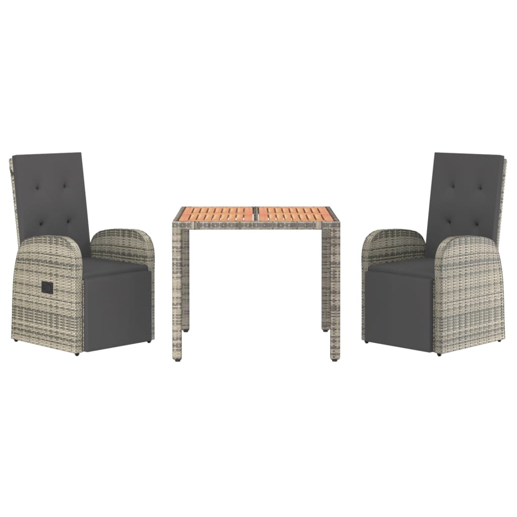 vidaXL 3-delige Tuinset met kussens poly rattan grijs