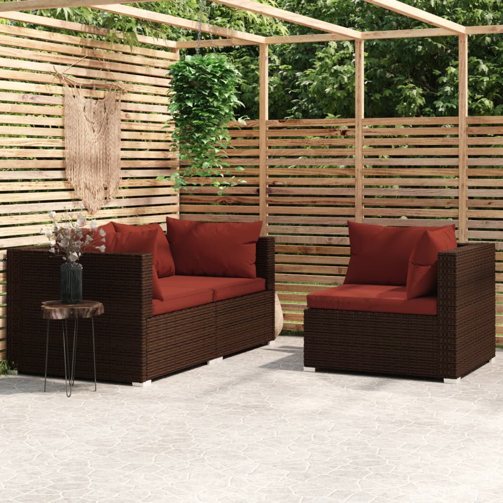 vidaXL 3-delige Loungeset met kussens poly rattan zwart