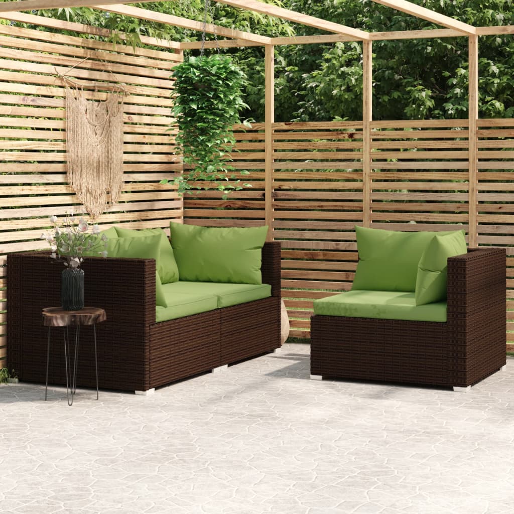 vidaXL 3-delige Loungeset met kussens poly rattan zwart