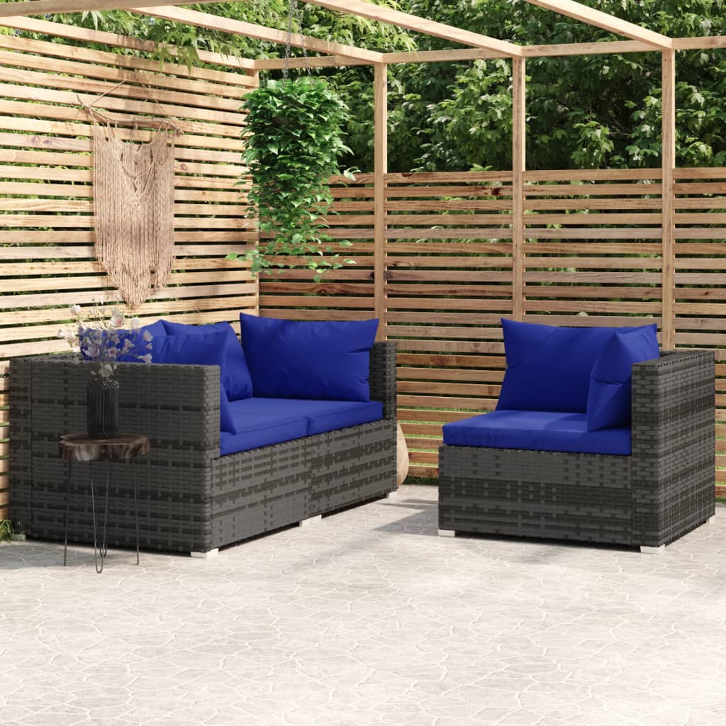 vidaXL 3-delige Loungeset met kussens poly rattan zwart