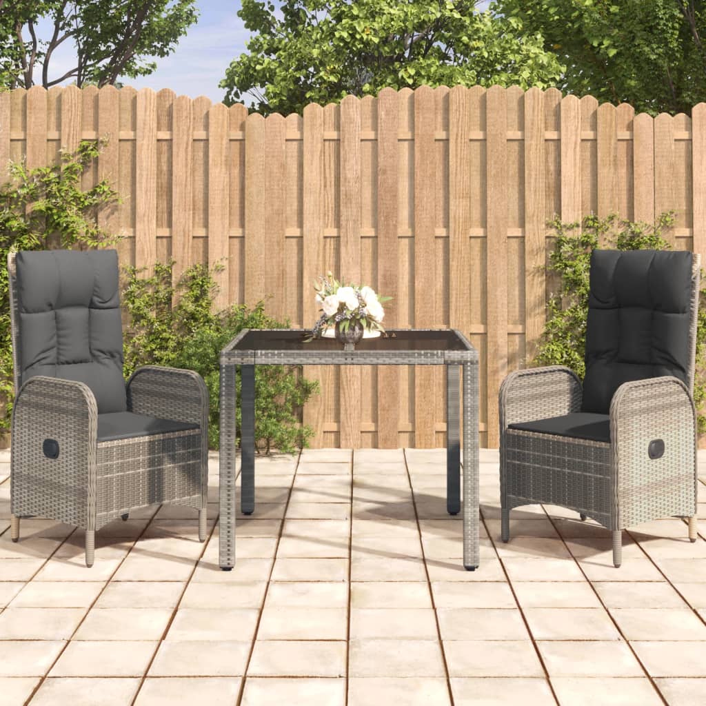 vidaXL 3-delige Tuinset met kussens poly rattan grijs