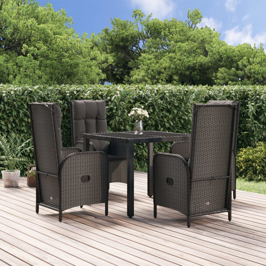 vidaXL 3-delige Tuinset met kussens poly rattan zwart