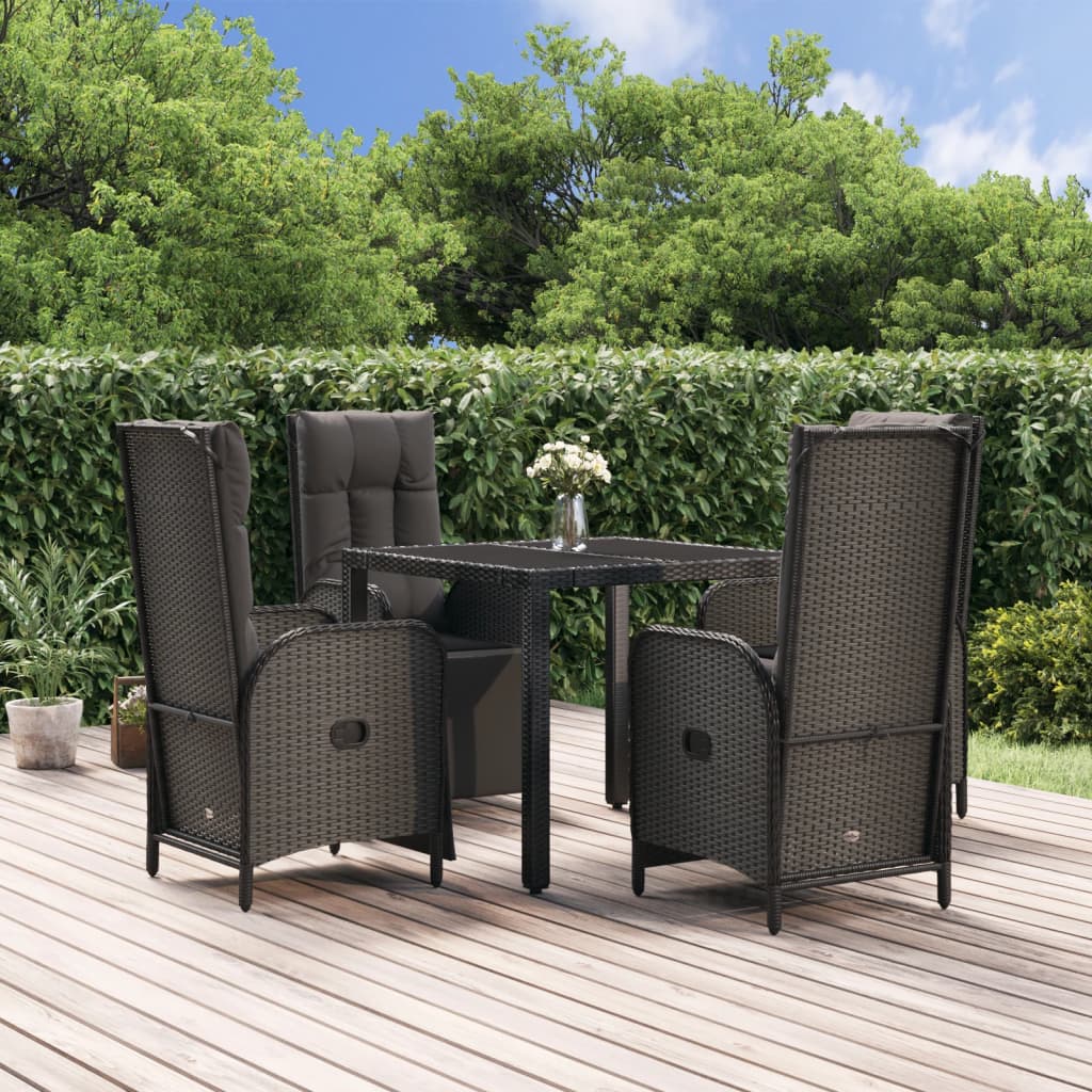 vidaXL 3-delige Tuinset met kussens poly rattan zwart
