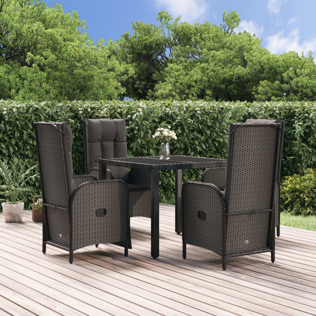 vidaXL 3-delige Tuinset met kussens poly rattan zwart