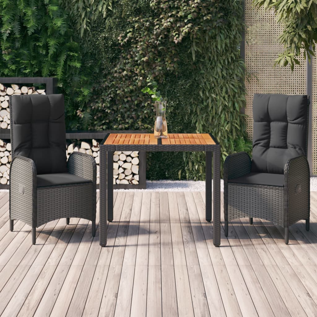 vidaXL 3-delige Tuinset met kussens poly rattan zwart