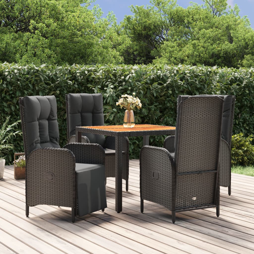 vidaXL 3-delige Tuinset met kussens poly rattan zwart